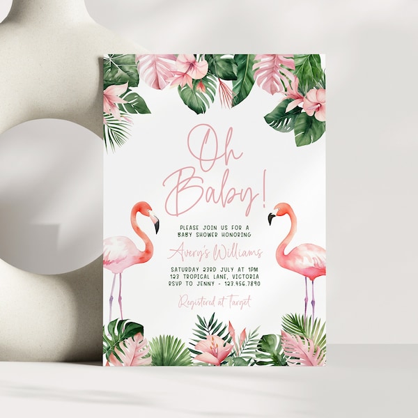 Flamingo Baby Shower Invitation, Tropical Palm Leaf Summer Invite Editable Printable Instant Download DIY New Baby Celebration Template Z342