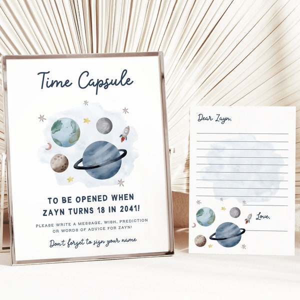 Editable Outer Space Time Capsule 1st Birthday Party Astronaut Planets Birthday Guestbook Template Printable Digital Time Capsule DIY Z292