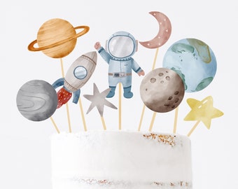 Imprimable Espace Gâteau Topper Espace Fête D'anniversaire Pièce Maîtresse Galaxy Table Décor Garçon Astronaute Aquarelle Planètes Numérique DIY Partie Z292