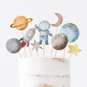 Printable Space Cake Topper Space Birthday Party Centrepiece Galaxy Table Decor Boy Astronaut Watercolor Planets Digital DIY Party Z292