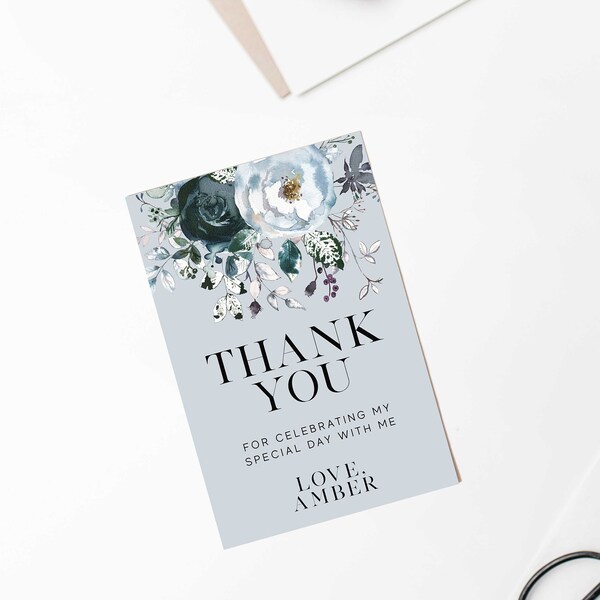 Floral Thank You Card, Pastel Navy Blue 4x6 Editable Template Printable Instant Download DIY for Girls Birthday Wedding Bridal Shower Z154