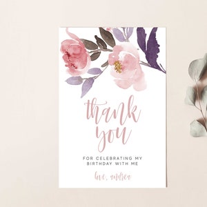 Blumen Dankeschön Karte, bearbeitbare Geburtstag Vorlage druckbare Sofortiger Download Aquarell Blush Pink Pfingstrose Blumenmädchen Wertschätzung Notiz Z35
