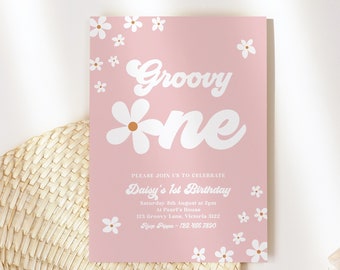 Daisy Birthday Invitation Editable Template, Printable Instant Download Retro 70s Groovy Daisy Retro Girls Pink Boho Party Invite DIY z338