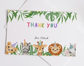 Editable Thank You Card Template, Safari Animals Thank You Note Printable, Jungle Zoo Wild One Party Animals Digital Instant Download Z293