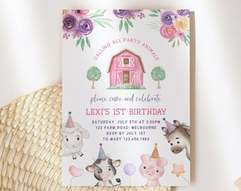 Editable Farm Birthday Invitation, Girl Farm Animals Pink Floral Barnyard Party Invite Printable Invitation Download Digital Template Z295