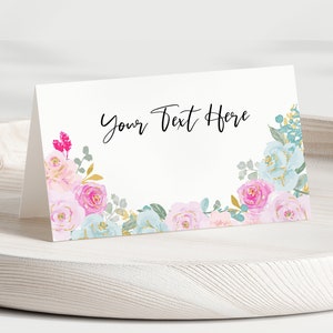 Editable Printable Place Card Template, Modern Pink Floral Girl Tent Card Food Label Instant Download Floral Birthday Party Table Decor Z313