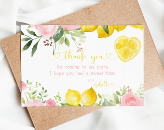 Lemon Thank You Card, Pink Floral 4x6 Editable Printable DIY Instant Download Sweet Citrus Flowers Birthday Party Note Party Decor Z340