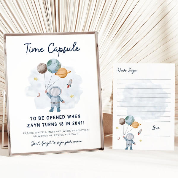 Editable Outer Space Time Capsule 1st Birthday Party Astronaut Planets Birthday Guestbook Template Printable Digital Time Capsule DIY Z292