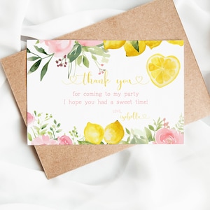 Zitronen-Dankeschön-Karte, rosa Blumen, 4 x 6, bearbeitbar, zum Ausdrucken, DIY, sofortiger Download, süße Zitrusblumen, Geburtstagsfeier, Party-Dekoration Z340