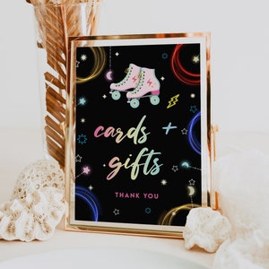 Cartes et cadeaux Panneau de table, Retro Galaxy Roller Skate Kids Girls Birthday Rainbow Neon Glow Modifiable Imprimable Téléchargement instantané DIY Decor Z322
