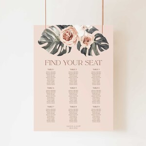 Floral Wedding Seating Chart Template, Modern Seating Chart Board, Wedding Seating Sign Printable, Minimalist Seating Poster Editable WED04