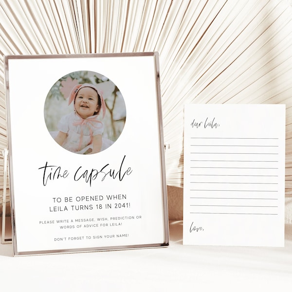 Simple Time Capsule & Matching Note Cards INSTANT DOWNLOAD Printable First Birthday Party Editable DIY Kids Party Guestbook Template Z11