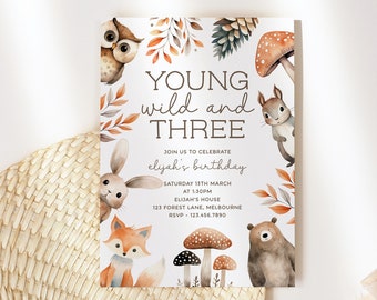 Woodland Animal Invitation, Young Wild & Three Editable 3rd Birthday Template Watercolor Forest Instant Download DIY Kids Party Invite Z343