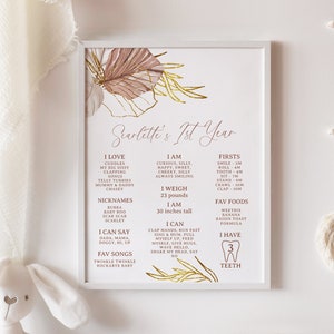 1er anniversaire jalon affiche, modifiable imprimable Téléchargement instantané Boho moderne fleur séchée rustique feuille d’or bébé terreux souvenir Stats Z320