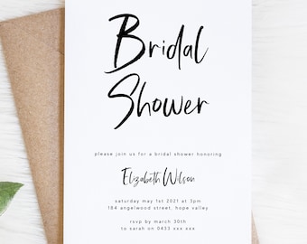 Bridal Shower Invitation Template, Modern Minimalist Script Font, Black White Simple Invite, Editable Printable Bridal Shower Invite WED50