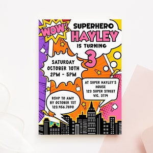 SUPERHERO Party Invitation INSTANT DOWNLOAD Superhero Birthday Invitations Printable Editable Super Hero Comic Book Party Invite Girls Z300