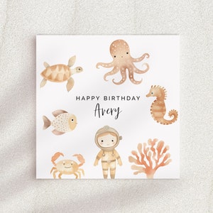 Ocean Card Template, DIY Printable Under the Sea Editable Birthday Fish Octopus Personalized Square Greeting Card Kids Girls Boys Beige Boho