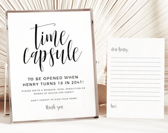 May include: A white sign with black text that reads "time capsule" and "To be opened when Henry turns 18 in 2041!"  Please write a message, wish, prediction or words of advice for Henry. Don't forget to sign your name. Thank you.