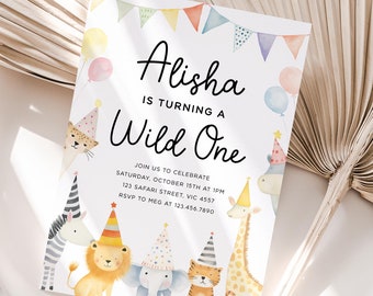 Wild One 1st Birthday Invitation, Wild One Birthday Invitation Safari Wild One Party Invite Boy Girl Birthday Jungle Animals Invitation H1