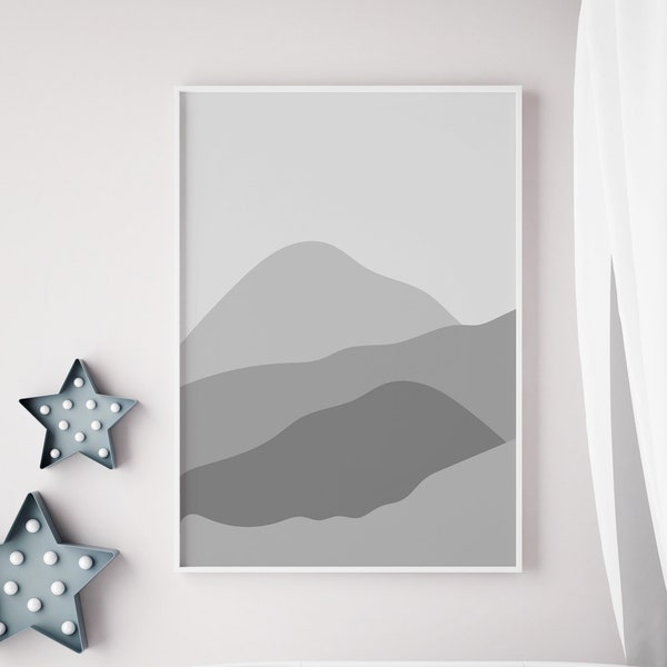 Abstract Art Print, Monochrome Grey Mountains Modern Printable Wall Art Instant Download Nursery Kids Bedroom or Living Room Decor Artwork