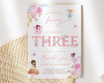 Fée anniversaire Invitation fantaisiste enchantée Pixie Party Floral 3ème fée magique princesse fête imprimable téléchargement instantané modifiable Z296