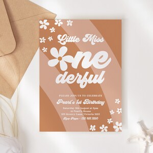 Retro 1st Birthday Invitation Editable Template, Printable Instant Download Groovy Daisy Hippie Girls Floral Boho Little Miss Onederful z336