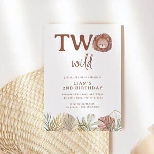 Editable Lion Birthday Invitation Template, Printable Instant Download Safari Jungle Boho Leaf Monstera Gold Two Wild 2nd Kids Party Z324