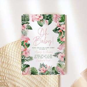 Invitación de baby shower de flamenco, verano de hoja de palma rosa tropical editable e imprimible Descarga instantánea personalizada invitación de fiesta DIY Z342