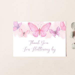 Carte de remerciement papillon 4 x 6, imprimable aquarelle rose fantaisiste bricolage modèle modifiable, téléchargement immédiat anniversaire de filles ou baby shower Z317