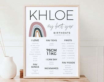 Rainbow 1st Birthday Milestone Poster, Baby First Birthday Boho Milestone Sign, Editable Template Digital Chalkboard Milestone Sign Z17