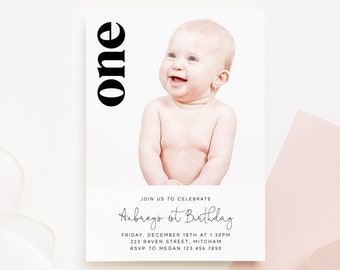 First Birthday Invitation Template Minimalist Birthday Invite Instant Download 1st Birthday Invitation Printable Photo Birthday Invite Z15