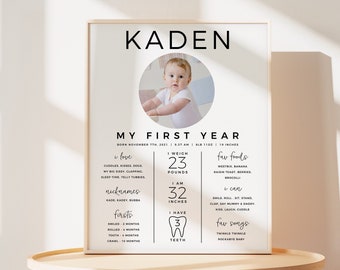 May include: A white framed poster with a photo of a baby and details about their first year. The poster says "Kaden" at the top and "My First Year" below the photo. The poster lists the baby's weight, height, favorite foods, nicknames, firsts, and favorite songs.