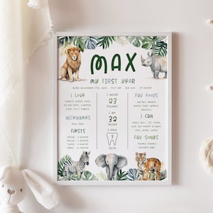 Affiche du 1er anniversaire des garçons, animaux du zoo de la jungle Safari, téléchargement immédiat imprimable DIY, stats, panneau de signalisation Z345