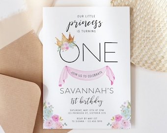 Princess 1st Birthday Invitation, Editable Princess Party Invitation, First Birthday Invitation Pink & Gold Instant Download Printable Z313