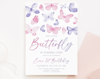 Butterfly Birthday Invitation Template, 1st Birthday Invite Girl Butterfly Party Whimsical Pink Butterfly Party Invitation First Invite Z316