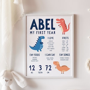 Tableau d’étape pour le 1er anniversaire, Dinosaure Jurassic Modifiable Imprimable Téléchargement instantané DIY Kids Keepsake Baby’s First Year Poster Sign Z109