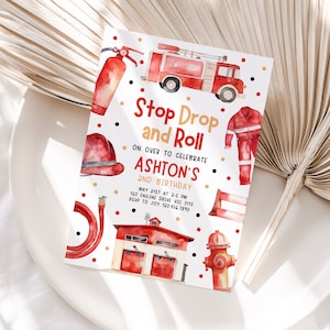 Bearbeitbarer Feuerwehrmann Geburtstag einladen für Jungen, Feuerwehrauto Stop Drop & Roll Party Printable Digital DIY Instant Download Kids Feuerwehrmann Z358