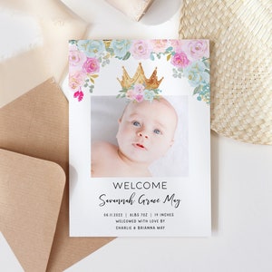 Princess Birth Announcement Card Editable Template, Modern Printable Instant Download New Baby Announcement Photo Card Welcome DIY Z313