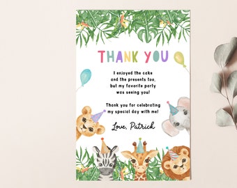Editable Thank You Card Template, Safari Animals Thank You Note Printable, Jungle Zoo Wild One Party Animals Digital Instant Download Z293