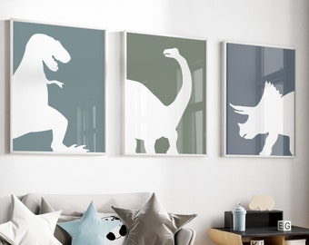 Set Of 3 Dinosaur Prints, T-Rex Print, Triceratops Poster, Brachiosaurus Print, Dinosaur Wall Decor, Baby Boy Decor, Nursery Wall Art, Dino
