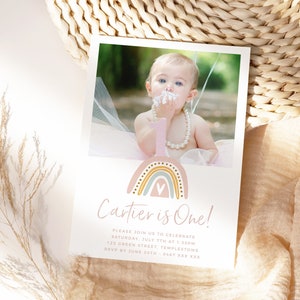 Rainbow First Birthday Invitation EDITABLE Boho Rainbow 1st Birthday Invite Pastel Pink Rainbow Birthday Evite Instant Download Template Z9