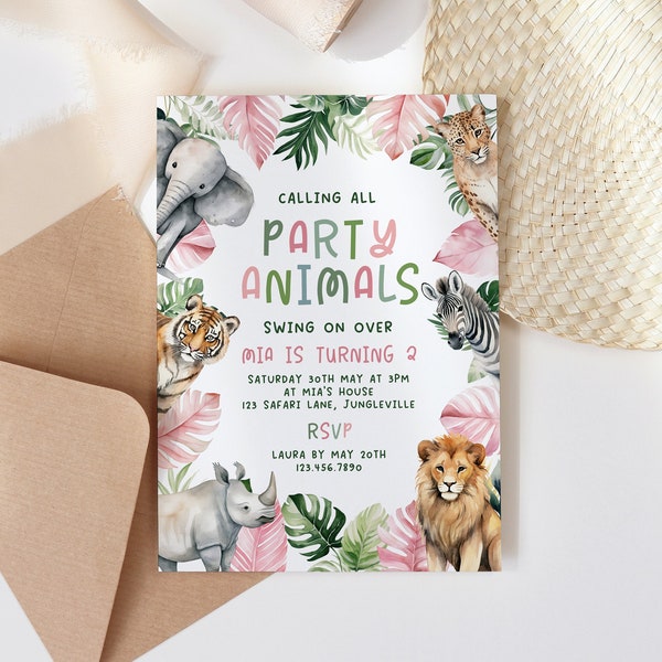 Safari Zoo Birthday Invitation, Editable Custom Pink Girls Wild Jungle Animal Template Printable Instant Download DIY Kids Party Invite Z344