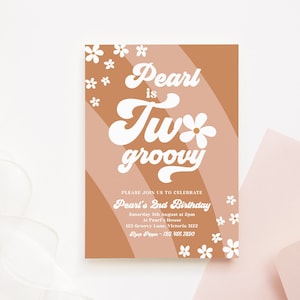 Retro Daisy 2nd Birthday Invitation Editable Template, Printable Instant Download Hippie Girls Party Floral Boho Two Groovy Invite DIY z336