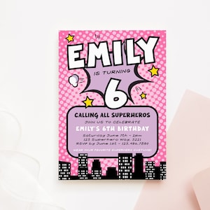 Superhero Girls Birthday Invitation Template, Printable Instant Download Pink DIY Personalized Customizable Digital Invitation for Kids Z298