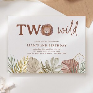 Editable Birthday Invitation Template, Printable Instant Download Lion Safari Jungle Boho Leaf Monstera Gold  Two Wild 2nd Party Invite Z324