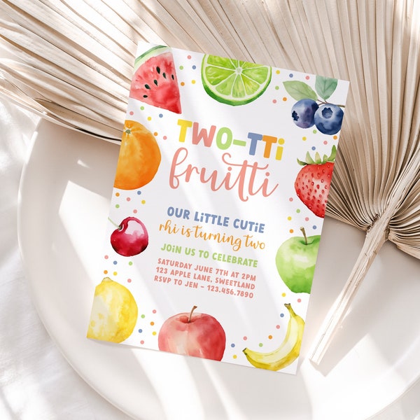 2a invitación de cumpleaños, dos-tti afrutado acuarela fruta dulce fiesta de verano editable imprimible descarga instantánea DIY niños niñas invitan Z341