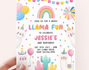 Fiesta Llama Birthday Invitation Template, Editable Printable Instant Download DIY Rainbow Mexican Cactus Alpaca Theme Party for Girls H12