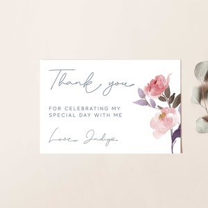 Tarjeta de agradecimiento rosa, acuarela floral moderna 4x6 Plantilla editable imprimible Descarga instantánea DIY boda cumpleaños despedida de soltera chicas Z156