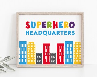 Superhero Party Table Sign Template - Editable Printable, Instant Download, Kids Boys Comic Theme Decor, Superhero Headquarters Sign Z318