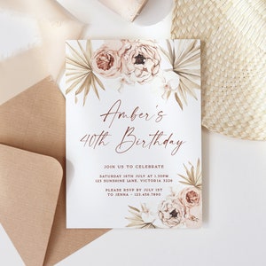 May include: A white invitation card with a floral design and the text "Amber's 40th Birthday". The invitation includes details for a birthday party, including the date, time, location, and RSVP information.